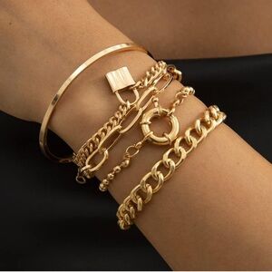 Stackable Gold Alloy Chunky Chain Link Lock Adjustable Bracelets Set of 5.